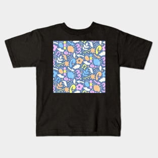 Abstract retro vibrant pattern in sherbet orange, mauve, off white and denim blue Kids T-Shirt